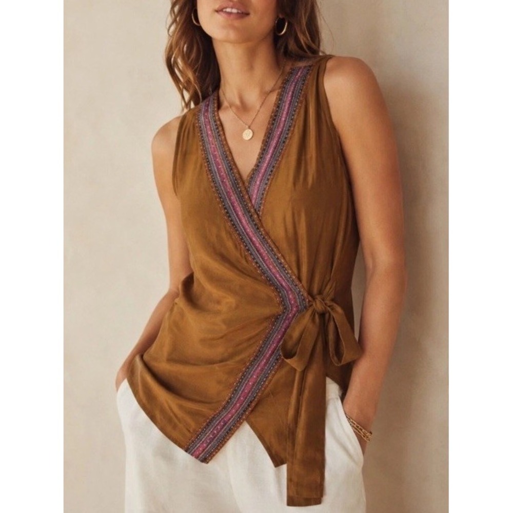 Maeve Anthropologie Liviana Wrap Tunic Top Brown Embroidered Sleeveless Large
